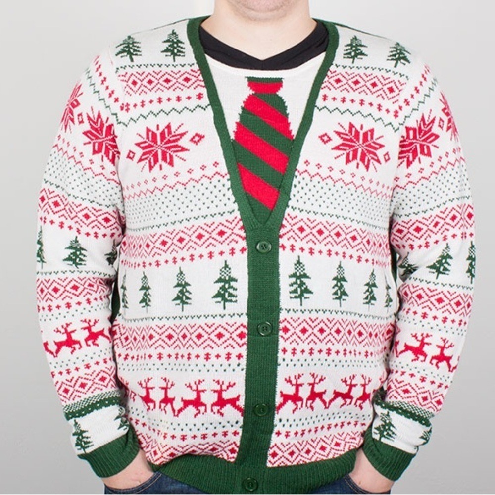 Jolly Sweaters Mens Medium Ugly Christmas Sweater Faux Tie Cardigan Fair Isle M